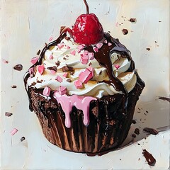 Canvas Print - Oil Painting of a Chocolate Cupcake with Pink Icing and a Cherry on Top.