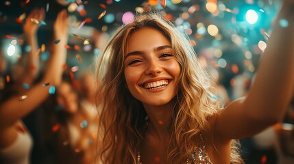 Sticker - a woman is smiling and holding her hands up in the air with confetti all around her