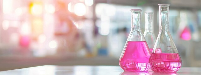 Aufkleber - Research chemistry science banner lab background with purple glass flasks