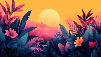 a painting of a sunset with flowers and leaves