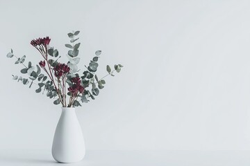 Aufkleber - An Australian native red waratah flower and eucalyptus leaves in a stylish ceramic vase on a white table.