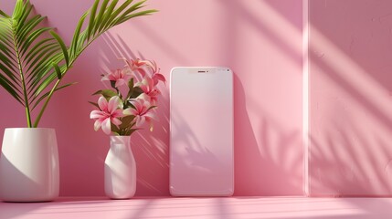 Wall Mural - a pink wall with vases and a phone