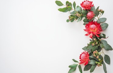 Aufkleber - Arrangement of Australian native red waratah flowers and eucalyptus leaves. Border on rustic white background. Copy area.