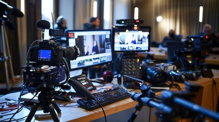 A professional camera with a microphone on a tripod, positioned on a desk, with multiple video monitors and other equipment, in a studio setting.