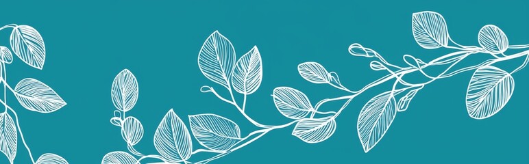 Wall Mural - flowers and leaves in white outline or minimal silhouette on a blue green spring background, abstrac