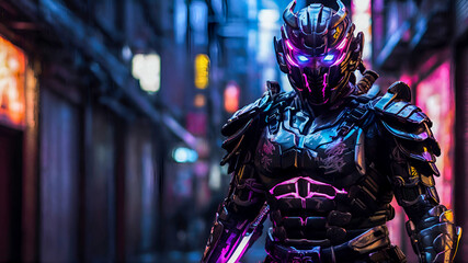 A samurai warrior wears traditional kabuto helmet and yoroi armor in a cyberpunk cityscape. Retro anime style with neon lights