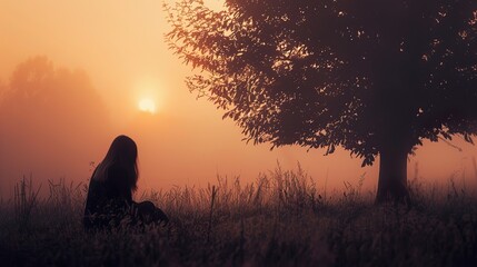 Silhouette of a woman sitting in a field at sunrise with a tree in the background.