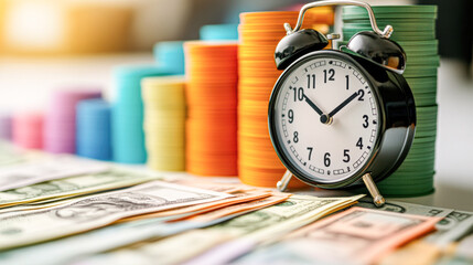 Poster - A black clock sits on a table with stacks of money