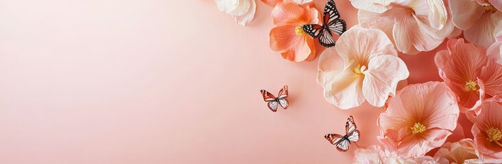 Wall Mural - Stunning spring and summer flowers and butterflies on pink banner. Ideal background for Easter or summer holidays