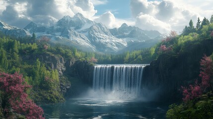 Canvas Print - Majestic Mountain Landscape with Waterfall