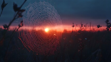 Twilight Spider s Wondrous Web Silhouetted Against Dusk Sky