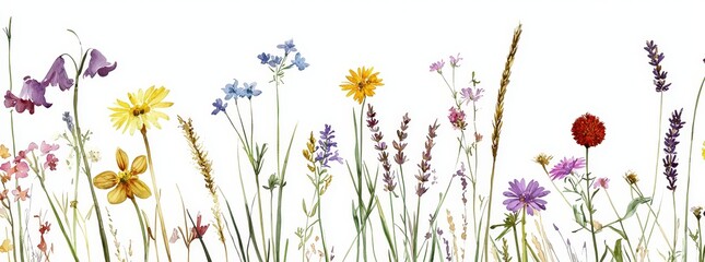 Wall Mural - Summer wild field flowers watercolor illustration. Clip art. Beautiful floral set.