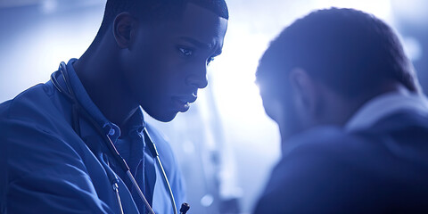 Black doctor using a stethoscope to examine a patient in a modern hospital