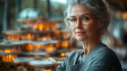 close up of senior woman eco architect designing modern bulding on lapotp in office