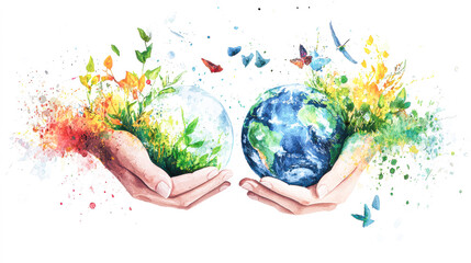 Poster - Two hands holding two globes, one of which is blue and the other is green