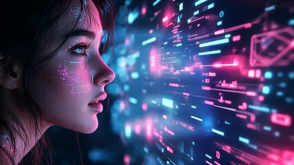 Woman engaging with a dynamic data stream on a futuristic screen