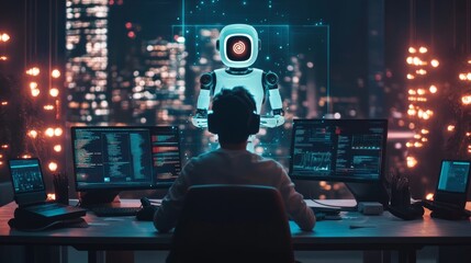 Back view of hacker using computers at desk with glowing robot ai hologram on dark background. Automated machine learning, hacking and artificial intelligence and conversation assistant concept