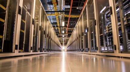 Canvas Print - Server Room with Rows of Racks and a Glimmering Floor