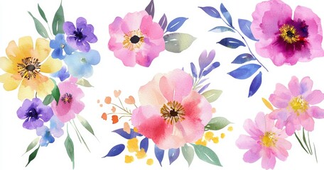 Fototapete - Set of watercolor flowers paintings, floral vintage bouquet illustrations with wildflowers and leaves. Designer poster, greeting card, birthday card. Isolated on white.
