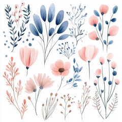 Sticker - Watercolor elements such as grass and filigran flowers isolated against transparent background