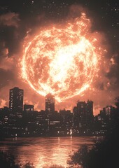 Wall Mural - A large orange sun is in the sky above a city. The sun is surrounded by a lot of smoke and fire, creating a dramatic and intense atmosphere. The city below is lit up by the sun, giving it a surreal