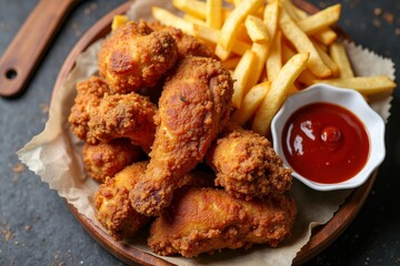 top view fried chicken with sauce french fries. High quality