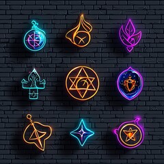 Colorful neon symbols on a dark brick wall, representing mystical and magical elements in a vibrant design.