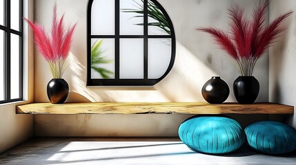 A room with a window and a mirror. The mirror is oval shaped and the window is rectangular. There are two vases on a wooden shelf, one of which is black and the other is red