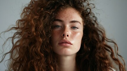 Wall Mural - Close-up of young woman's face with curly brown hair against plain neutral background. Concept of improving hair appearance, revealing femininity and attractiveness, developing hairdressing business.