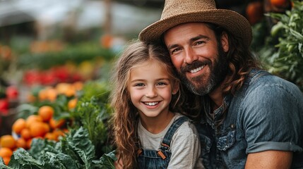 farmer family with fresh harvest sitting in front of a greenhouse