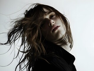 A dramatic portrait of a person with long hair, white background, windswept look