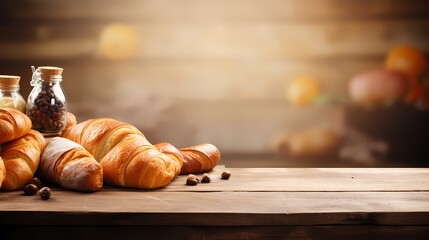 Freshly baked croissants on a rustic wooden table with jars of ingredients in the background.