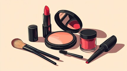 Glamorous array of cosmetics featuring vibrant red lipstick, blush compact, and makeup brushes on a neutral background, perfect for beauty blogs and tutorials.