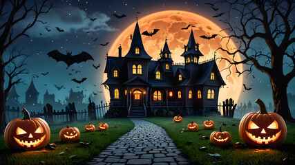 Halloween background with haunted house and pumpkins. Vector illustration.