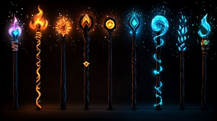 A vibrant collection of magical wands, each showcasing unique energy and design, perfect for fantasy themes and storytelling.