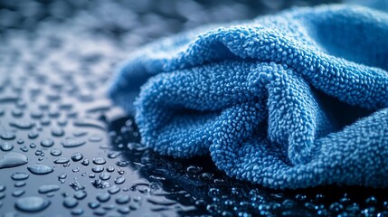 Wall Mural - Soft blue microfiber cloth on wet surface with water droplets, symbolizing cleaning and freshness. Close-up texture of fabric and moisture for hygiene concept.