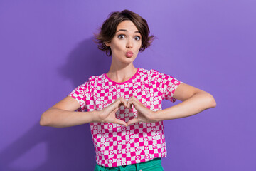 Sticker - Photo of lovely cute sweet girl wear stylish pink clothes demonstrate heart send air kiss isolated on purple color background