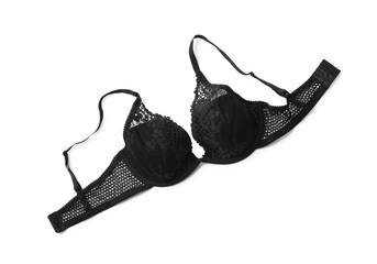 Sticker - Elegant black lace women's underwear isolated on white, top view