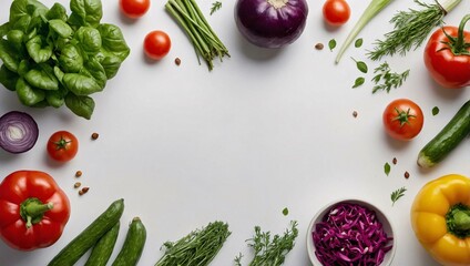 Wall Mural - Vibrant Vegetables and Herbs Displayed on White Background