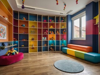 Wall Mural - Vibrant wooden elements in a cheerful activity room design for kids with a creative layout.