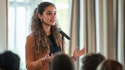 Wall Mural - Confident young women presenting a speech to an audience.