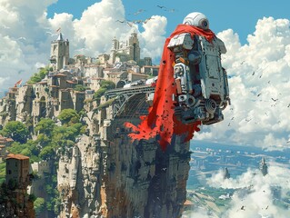 A futuristic robot with a red cape sits on a cliff overlooking a medieval city.