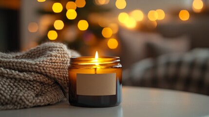 Wall Mural - Cozy autumn evening ambiance with a glowing scented candle in a glass jar, warm knit blanket, and soft bokeh lights creating a serene and inviting atmosphere.