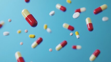 Wall Mural - Colorful assortment of pills and capsules floating against a vibrant blue background, symbolizing modern medicine and pharmaceutical advancements.