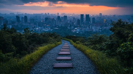 Poster - Mountain Path to Urban Skyline at Dusk