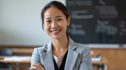 high detailed wide headshot photo of a standing teacher asian adult female smiling with arms crossed, wearing comfortable formal and modern clothes with blazer in light grey colors, generative ai