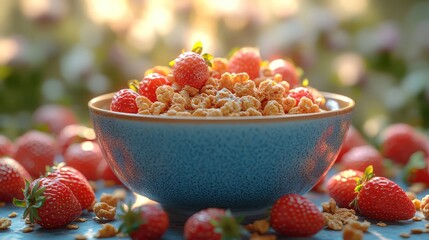 Wall Mural - Bowl of Cereal with Strawberries and a Sunny Backdrop