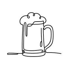 Mug of beer, simple continuous black line drawing, minimalistic, single unbroken line, white background