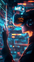 Futuristic cityscape reflected in VR headset as user explores virtual world, blending reality and digital realm in a neon-lit cyberpunk atmosphere.