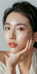 Wall Mural - Closeup Portrait of Beautiful Asian Woman Applying Face Cream